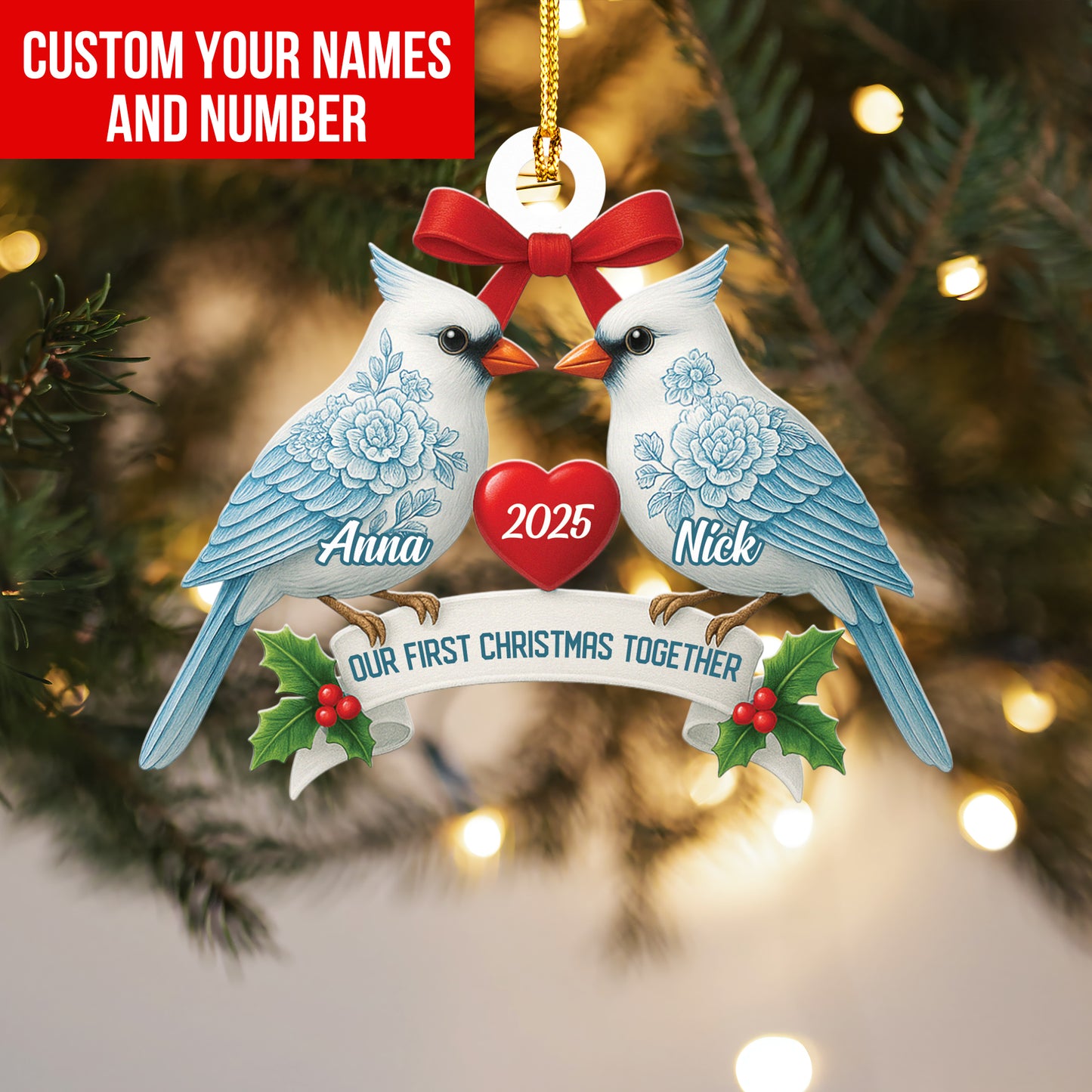 Couple Cardinal Toile de Jouy Ornament, Custom Couple Cardinal Ornament