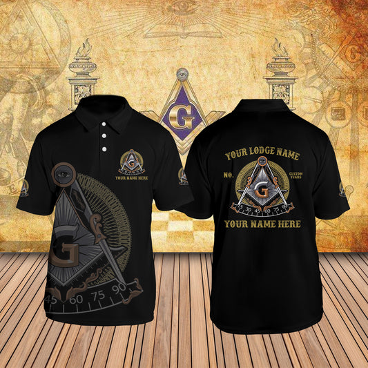 Custom Lodge Name Number Masonic Past Master Sun Freemason 3D Polo Shirt S-5XL Customize Name, Lodge Name and Number Black and Rose Gold Freemason 3D All Over Print Polo Shirt Size S-5XL