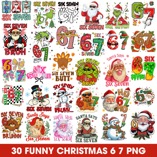 Funny Christmas Meme SIX Seven Png Bundle, Santa Says 67 Clipart Png, 67 Xmas Png, Viral 6 7 Funny Joke Clipart,Viral Gen Alpha Meme Designs