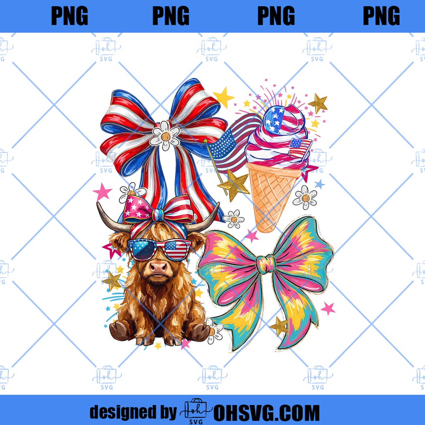 Patriotic Highland Cow png, 4th of July Cow with Bow Design, Cute American Cow Sublimation Shirt Download