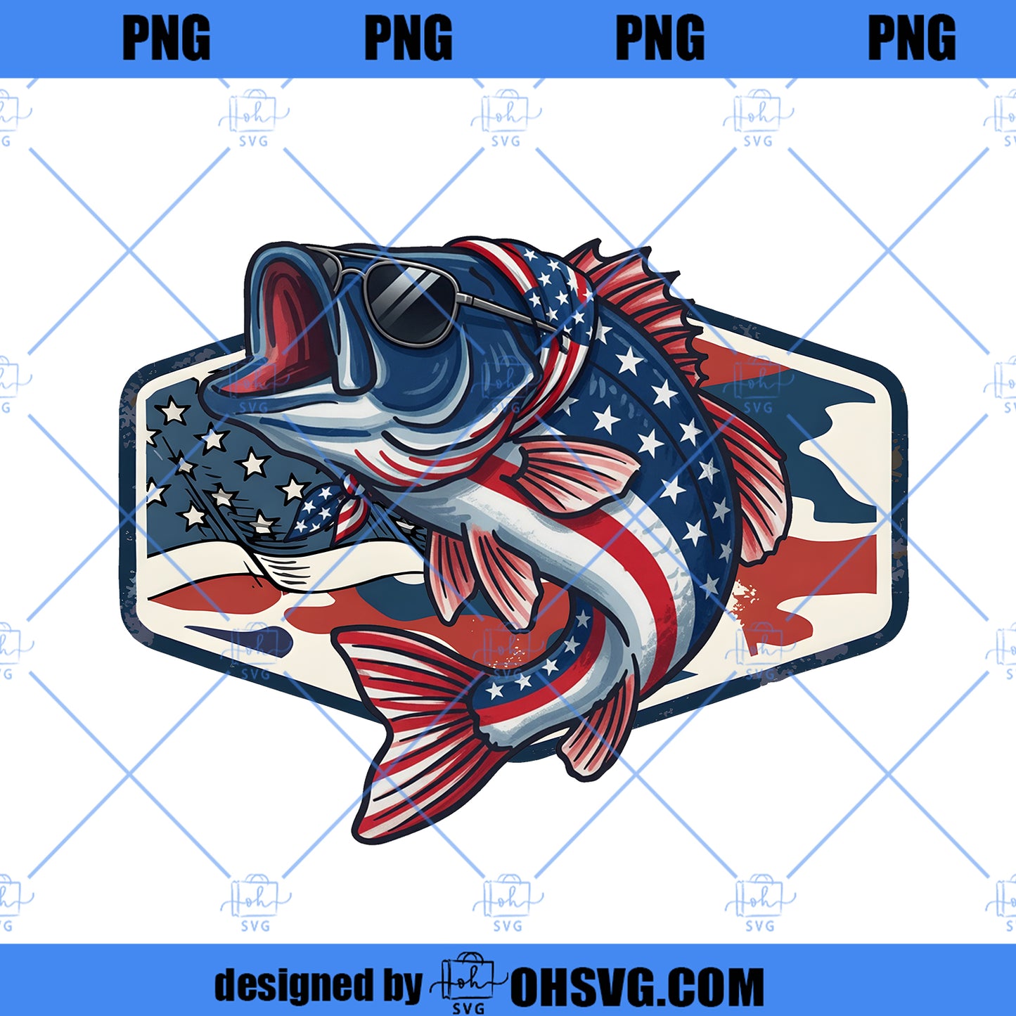 Patriotic Camo Bass Fishing png, USA 250 Years 4th of July PNG, Largemouth Bass American Flag PNG
