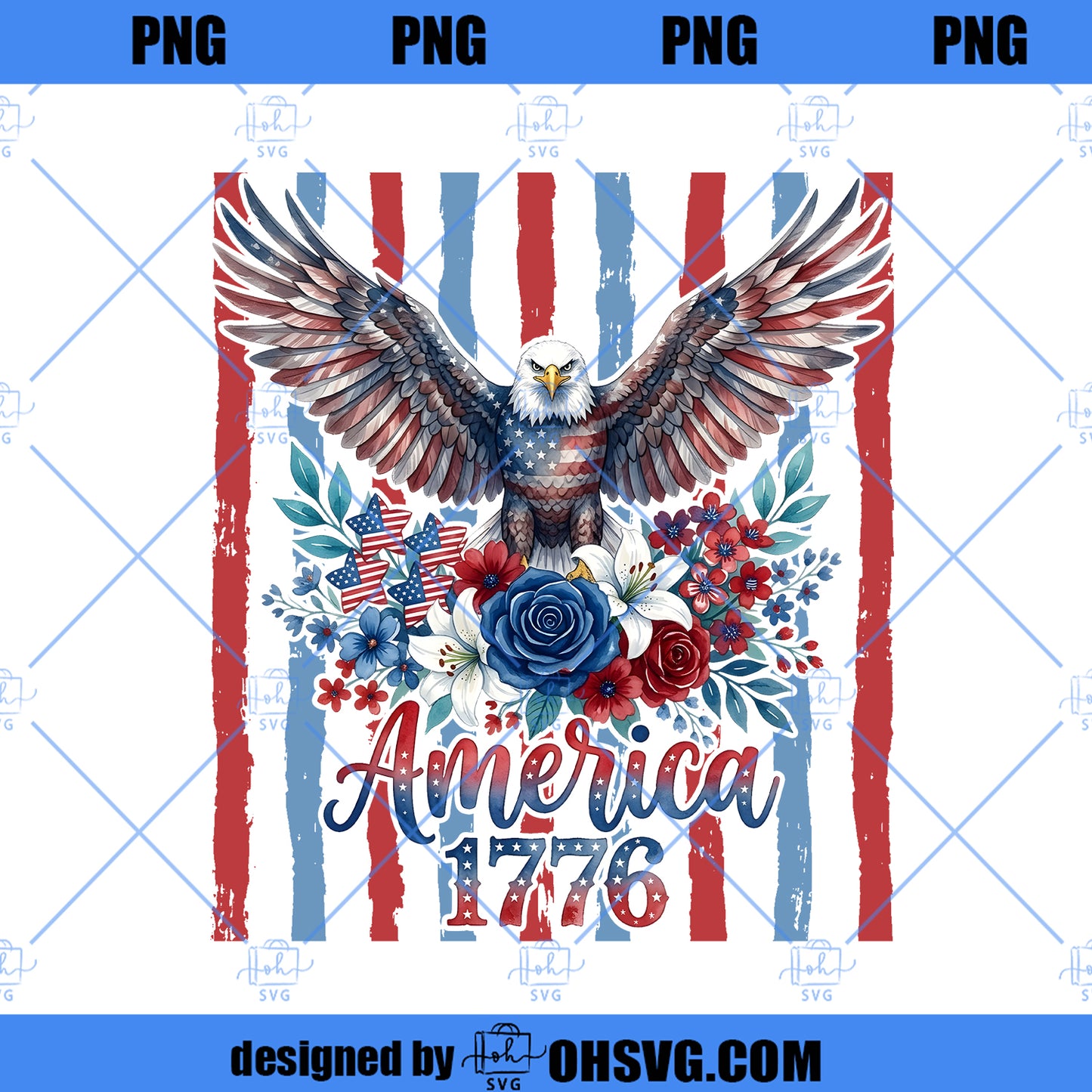 America 1776 Png, Patriotic Red Eagle Png, Blue Brushstroke USA Png, 4th of July Design, American Flag Stars Graphic