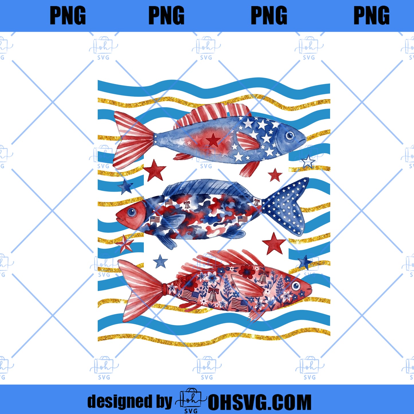 Stripes Patriotic Fish Png, Red White Blue Bass Fishing Png, Stars and Stripes 4th of July Design, Floral Summer Lake Graphic
