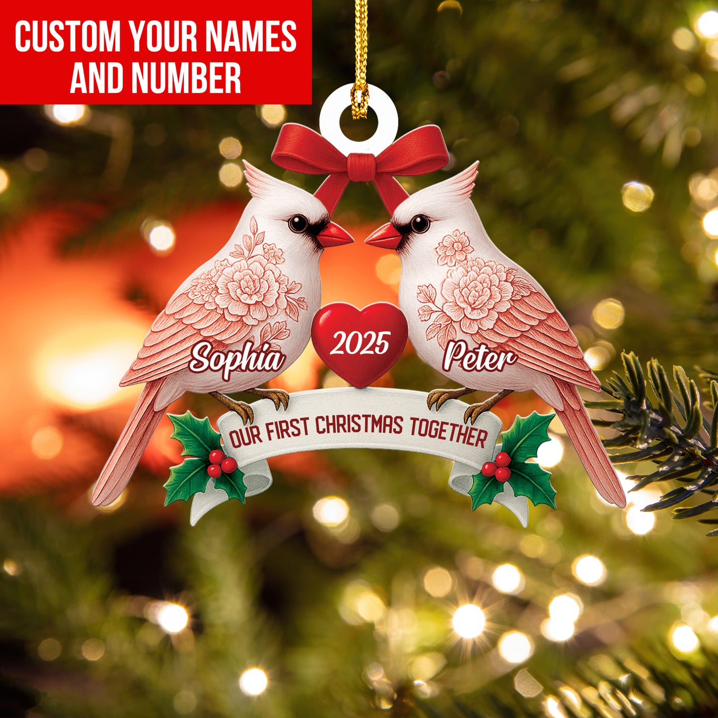 Couple Cardinal Toile de Jouy Ornament, Custom Couple Cardinal Ornament