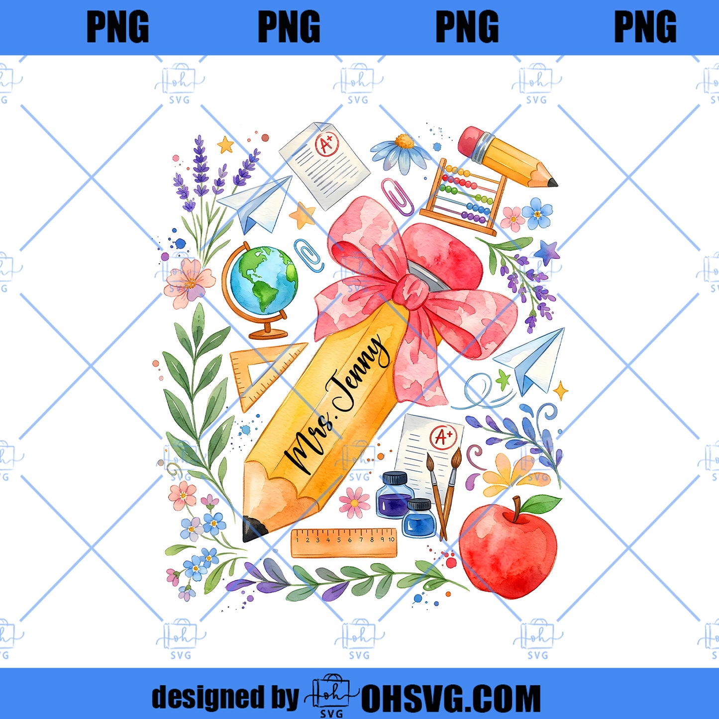 Custom Teacher Name PNG, Boho Floral Pencil Design, Brushstroke Teacher PNG, Back to School Shirt, 1st Day of School Sublimation