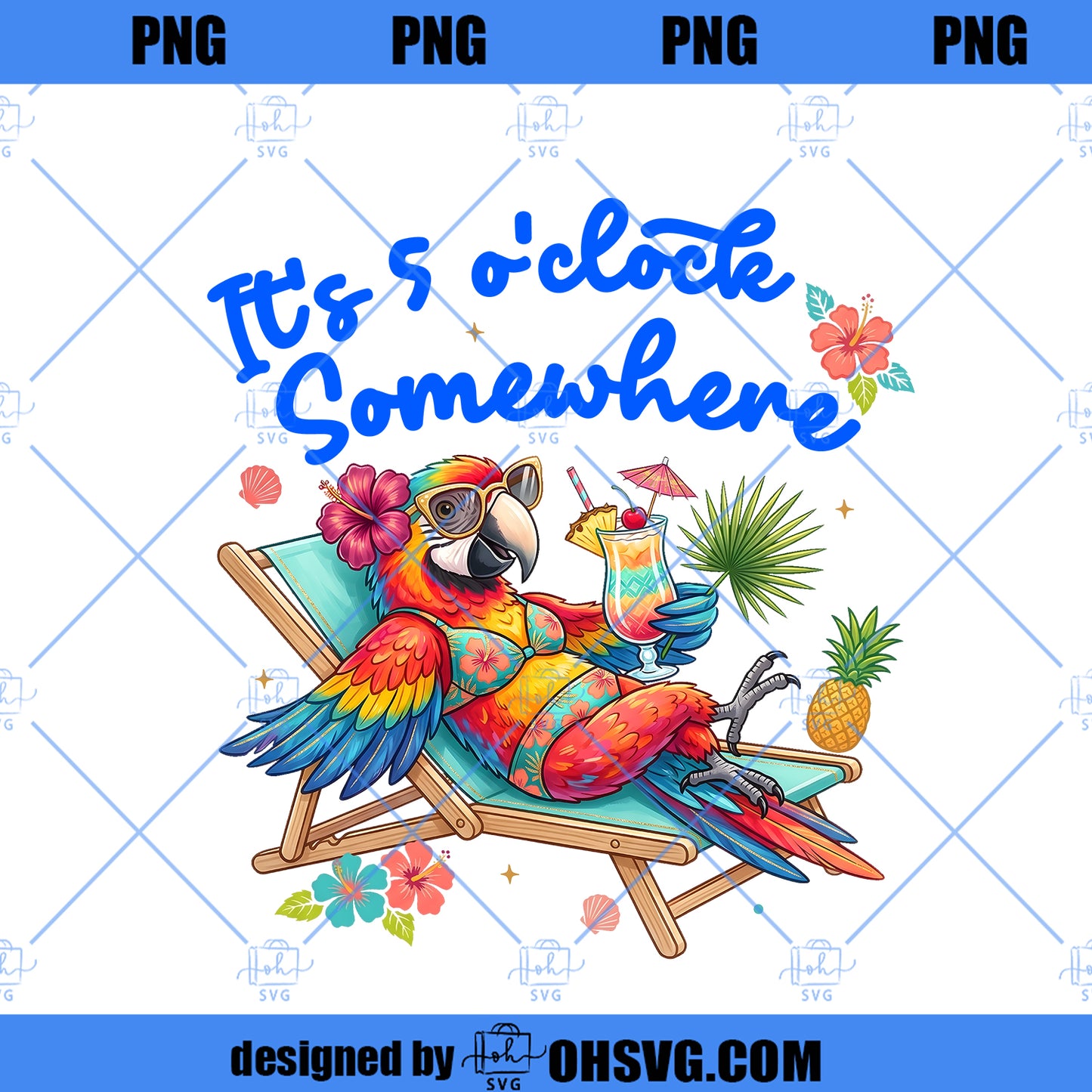 Striped It’s 5 O’Clock Somewhere Png, Tropical Sunset Parrot Design, Beach Vibes Girly Sublimation Shirt