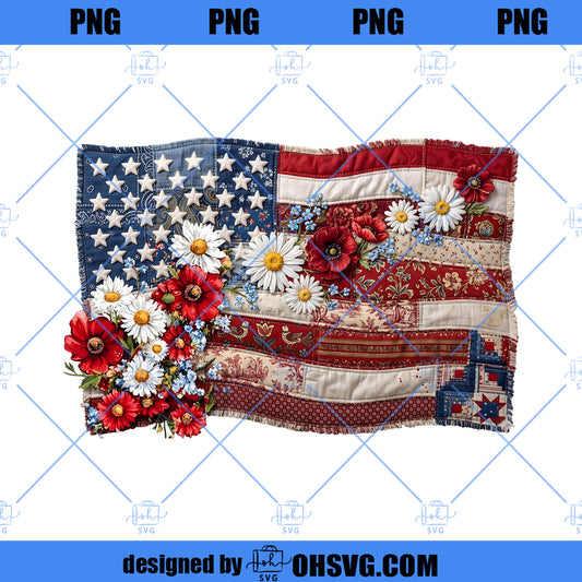 Faux Quilted American Flag Png, Vintage Patchwork Patriotic Png, 4th of July Sublimation Design, Cottagecore USA Flag Graphic