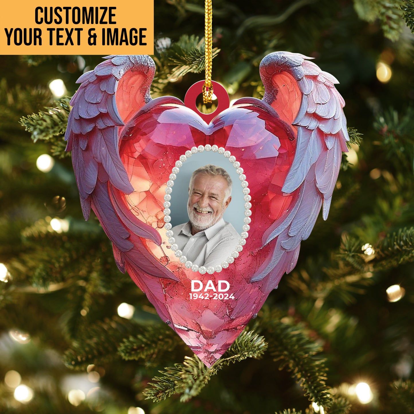 Personalized Memorial Christmas Photo Ornament - Always in Our Hearts - Heart-Shaped Angel Wing Design