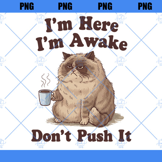 I'm Here I'm Awake Don't Push It, Retro Trendy Sarcastic Office humor Funny Sleepy Grumpy Cat Meme SVG PNG Shirt Sticker Sublimation Designs