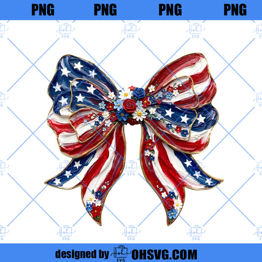 Patriotic Bow PNG, USA Flag Coquette Bow PNG, Hand Painted American Bow Sublimation, 4th of July Shirt Design Download