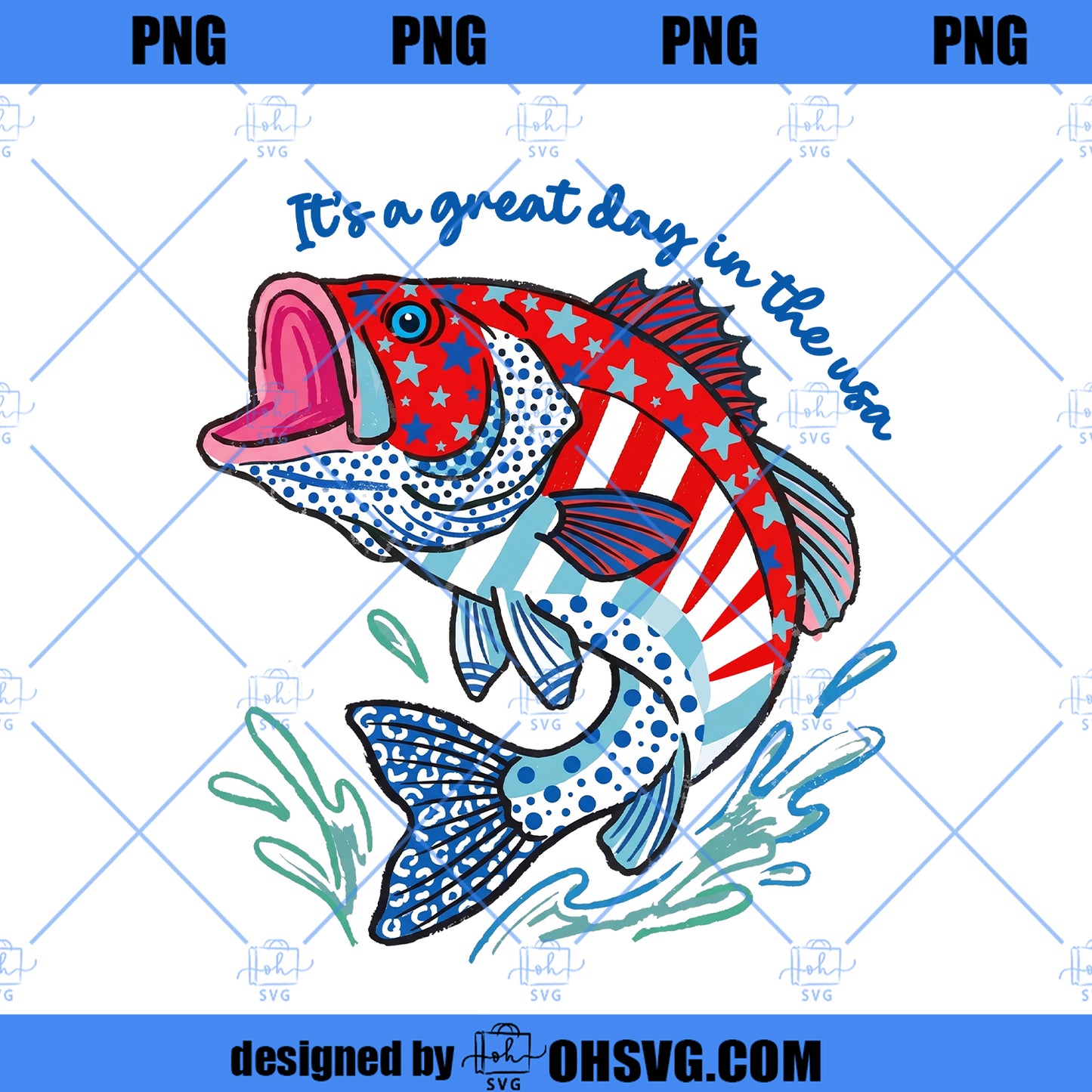 Patriotic Bass Fish PNG File, July 4th Fishing Design, American Flag Fish PNG, USA Sublimation Download