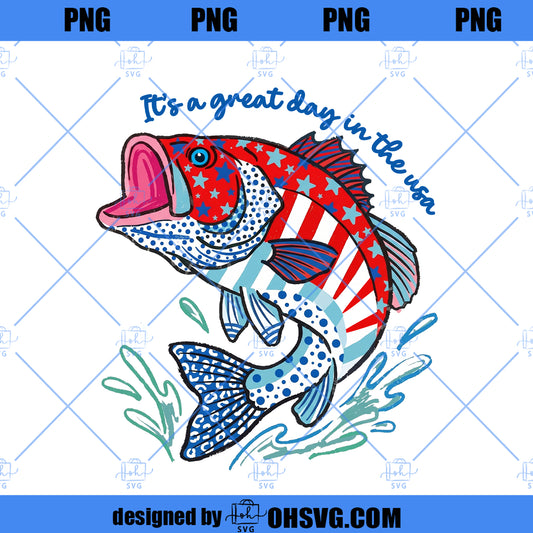 Patriotic Bass Fish PNG File, July 4th Fishing Design, American Flag Fish PNG, USA Sublimation Download