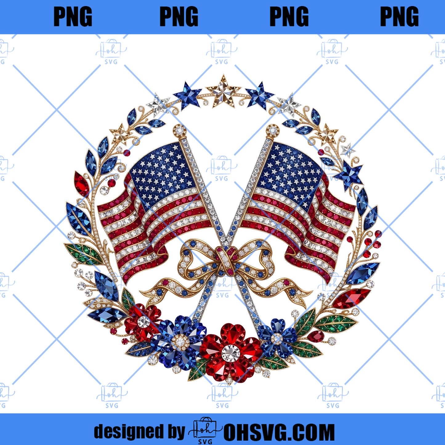 4th of July png, Rhinestone American Flag Floral Stars Design, Patriotic DTF Shirt Graphic, Trending Digital Download