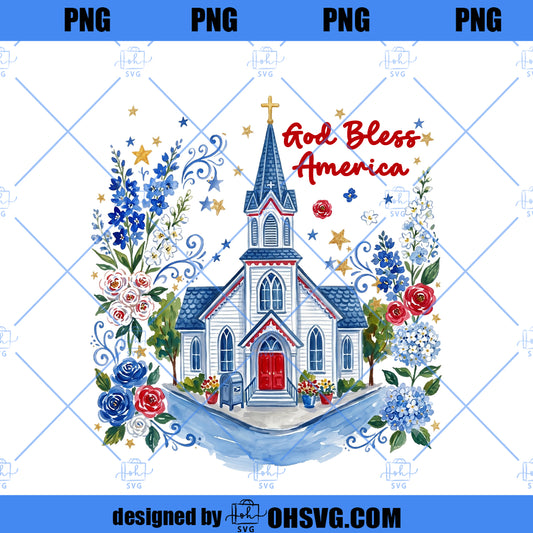God Bless America png Hand Drawn, Patriotic Small Town Church Design, Whimsical USA 250 Years png, 4th of July Download