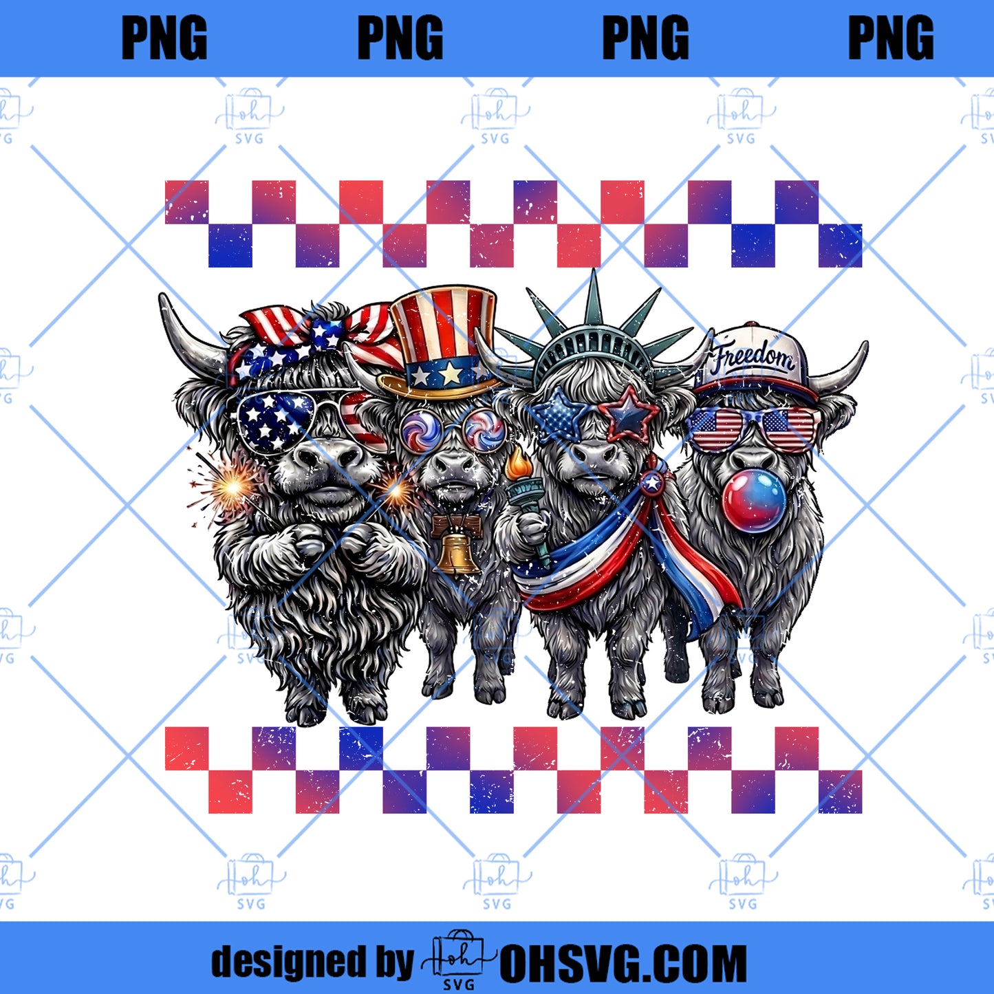Highland Cow 4th of July PNG, Patriotic American Flag Graphic (Digital Download)