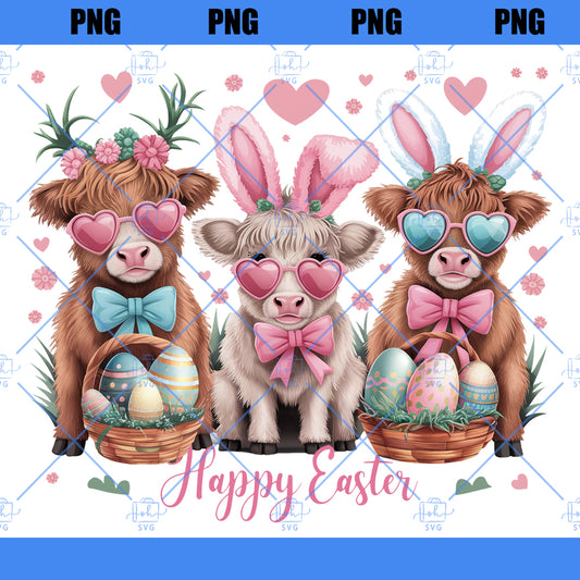 Easter Day Highland Cow PNG, Cute Cow Easter Png, Retro Easter Png, Happy Easter Sublimation Design, Digital Download