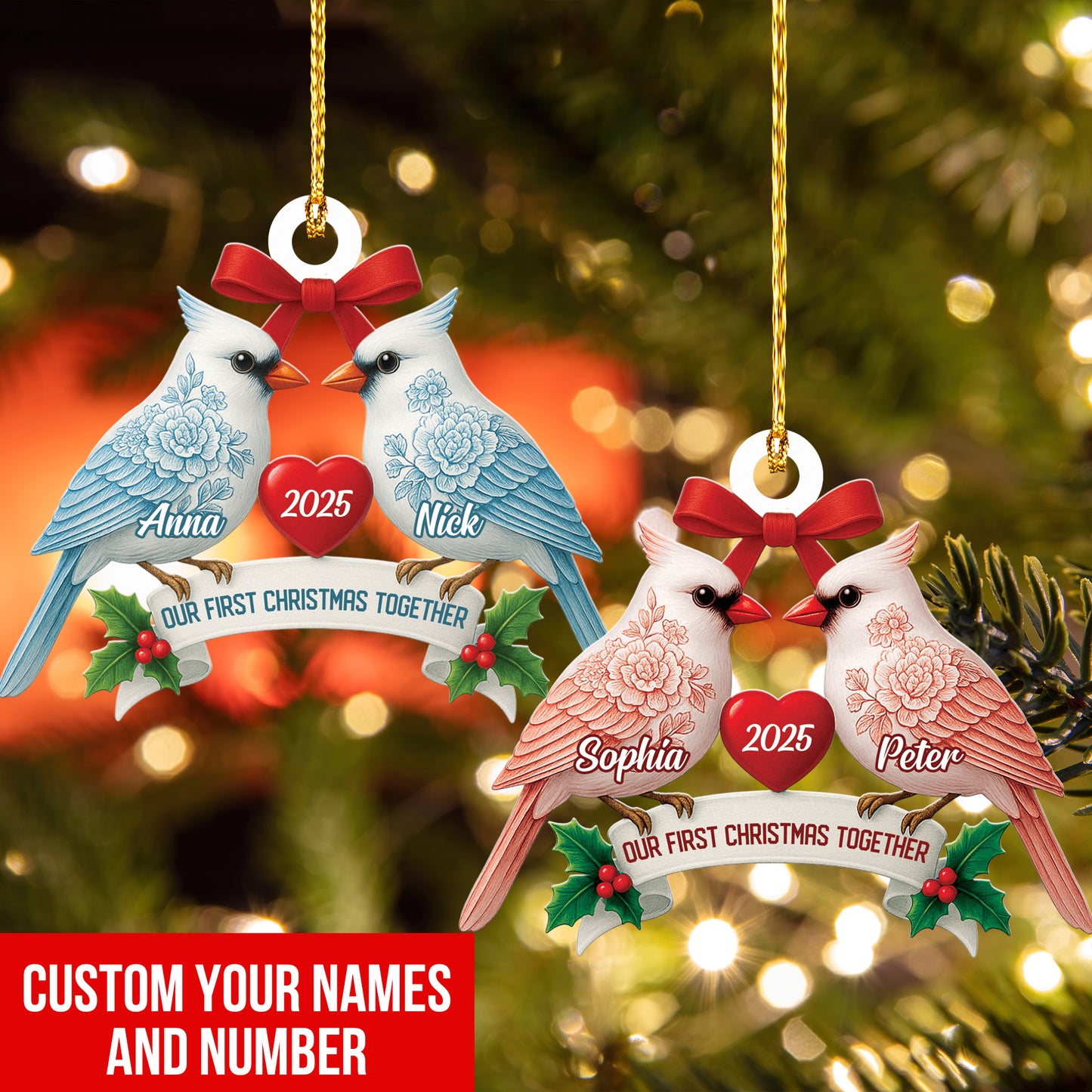 Couple Cardinal Toile de Jouy Ornament, Custom Couple Cardinal Ornament