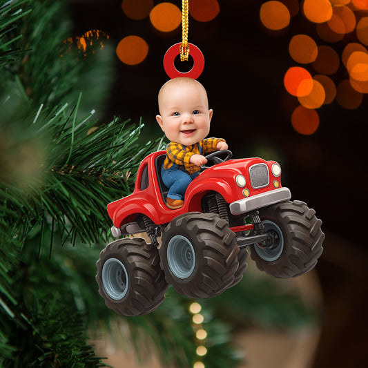 Custom Face Kid Riding Monster Truck - Gifts For Toddler, Kids - Personalized Acrylic Photo Ornament