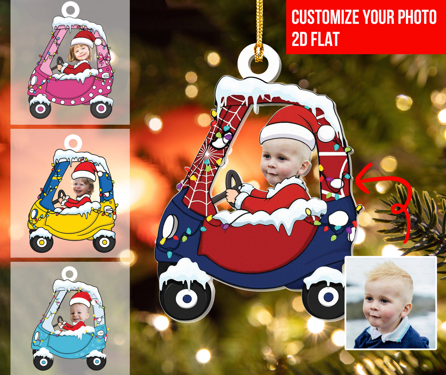 Custom Photo Gift For Kid Car Christmas Ornament, Personalized Photo Baby Family Ornament, Kids Name Christmas Ornament