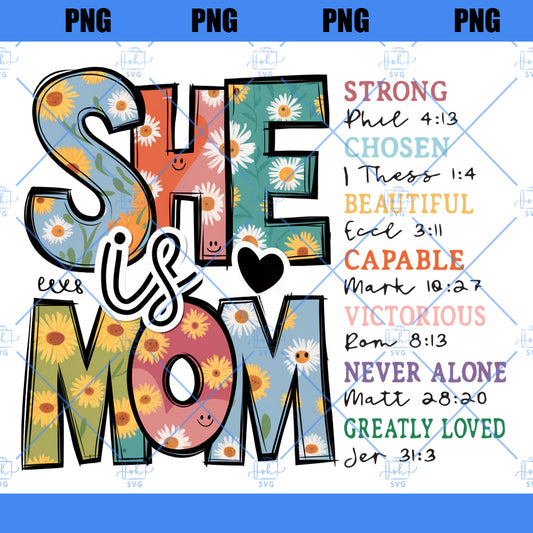 She Is Mom Png, Mama, Mother's Day, Retro, Girl Mom, Christian, Blessed Mom, Bible Verses, She Is Strong, Sublimation Design Downloads
