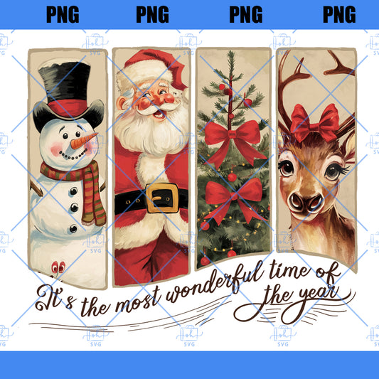 It's the most wonderful time of the year png, Santa Claus png, Vintage Christmas png, Christmas Coquette bow png, Reindeer snowman png