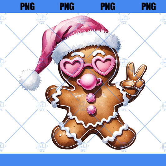 Retro Gingerbread Pink Christmas blowing bubble png Christmas Sublimation Digital Design Download,Vintage Christmas Png Santa Sunglasses