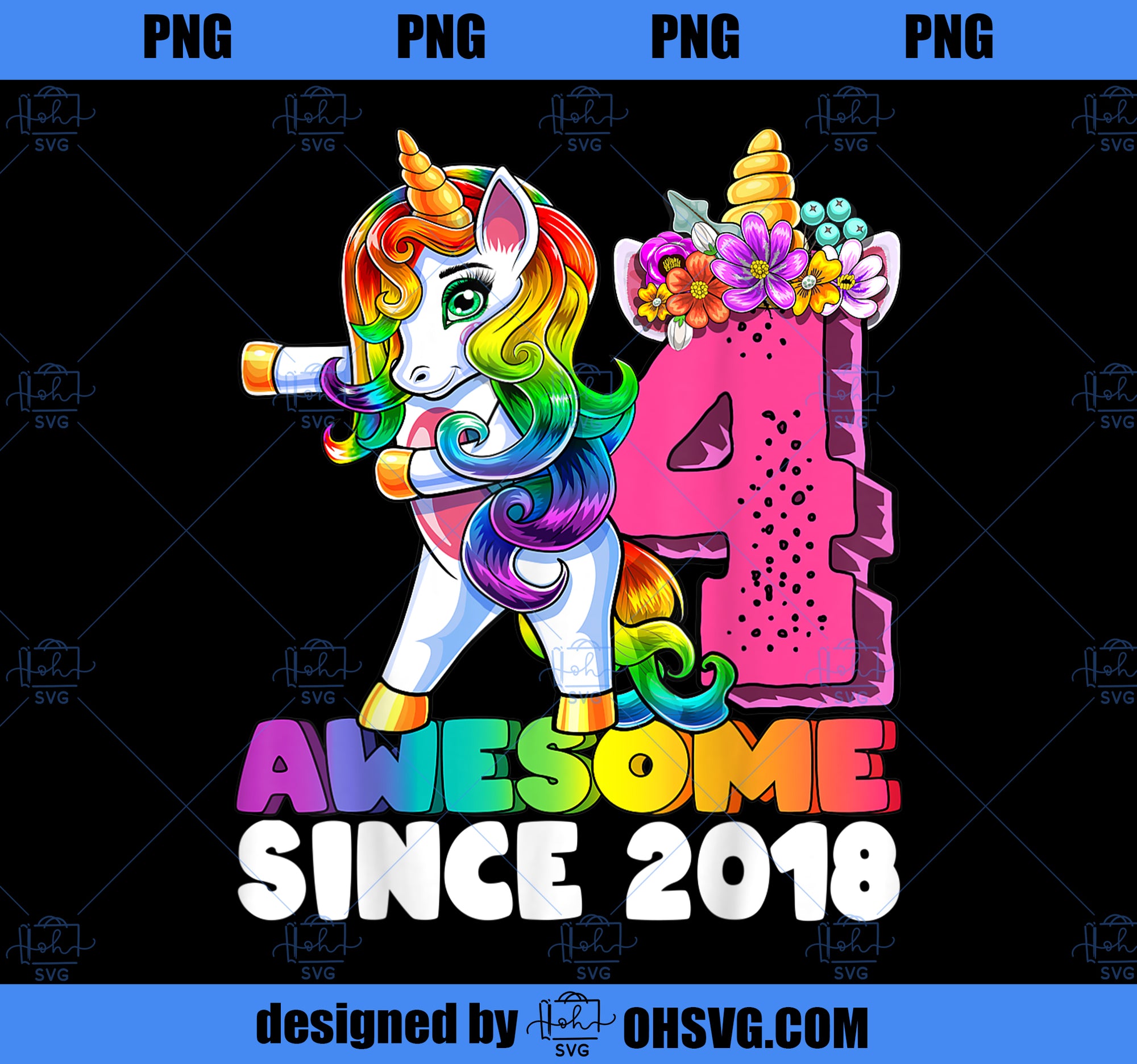 4 Awesome Since 2018 Flossing Unicorn 4th Birthday Girls PNG, Magic Unicorn PNG, Unicorn PNG