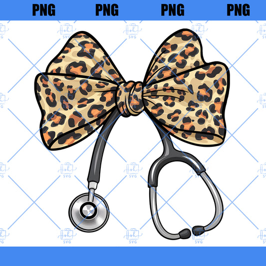 Leopard Nurse coquette bow png, retro nursing sublimation design, cute girlie bow with stethoscope png, trendy nurse digital download