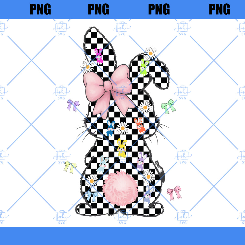 Retro Easter Bunny Coquette PNG, Happy Easter Png, Pink Easter Bow Png, Retro Checkered Easter Png, Floral Spring Png, Girls Pink Easter Png