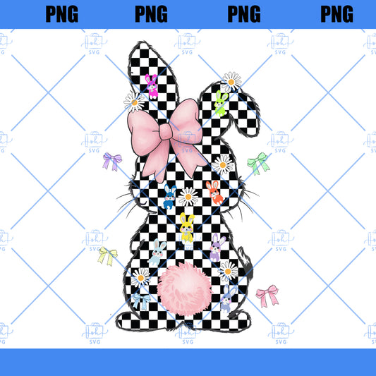 Retro Easter Bunny Coquette PNG, Happy Easter Png, Pink Easter Bow Png, Retro Checkered Easter Png, Floral Spring Png, Girls Pink Easter Png