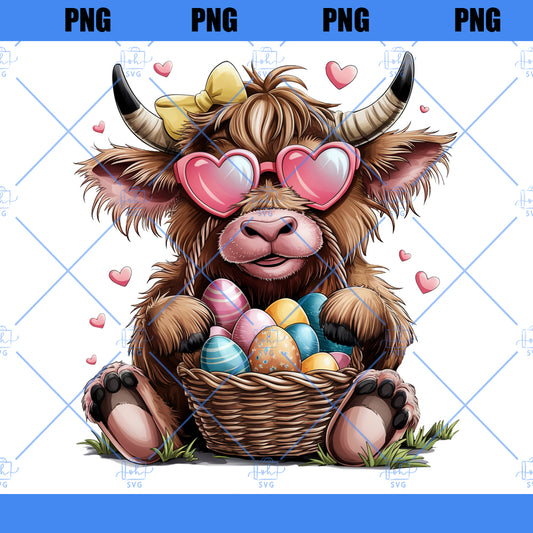 Easter Day Highland Cow PNG, Cute Cow Easter Png, Retro Easter Png, Happy Easter Sublimation Design, Digital Download