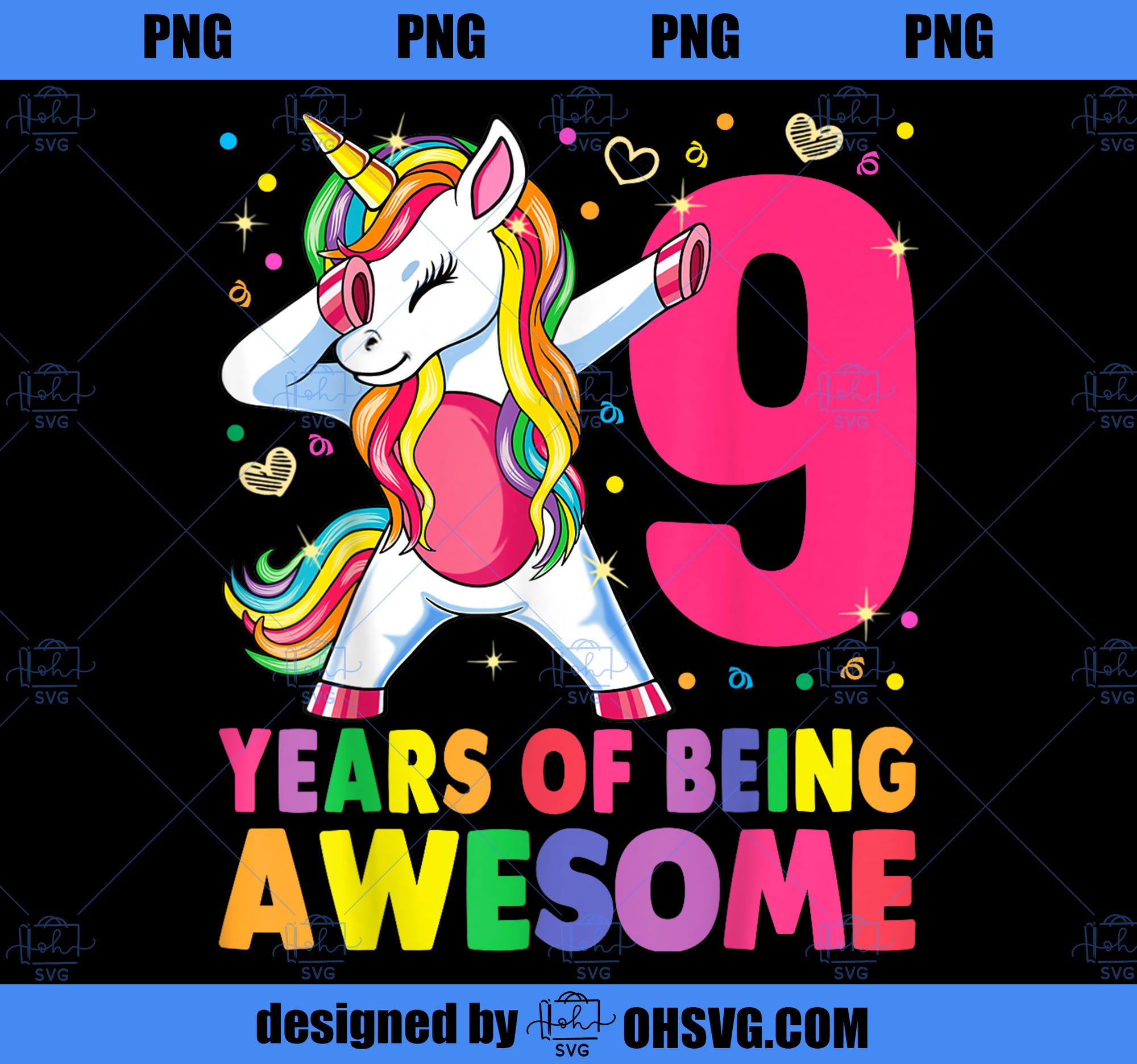 9 Years Old Unicorn Dabbing 9th Birthday Girl Unicorn Party PNG, Magic Unicorn PNG, Unicorn PNG