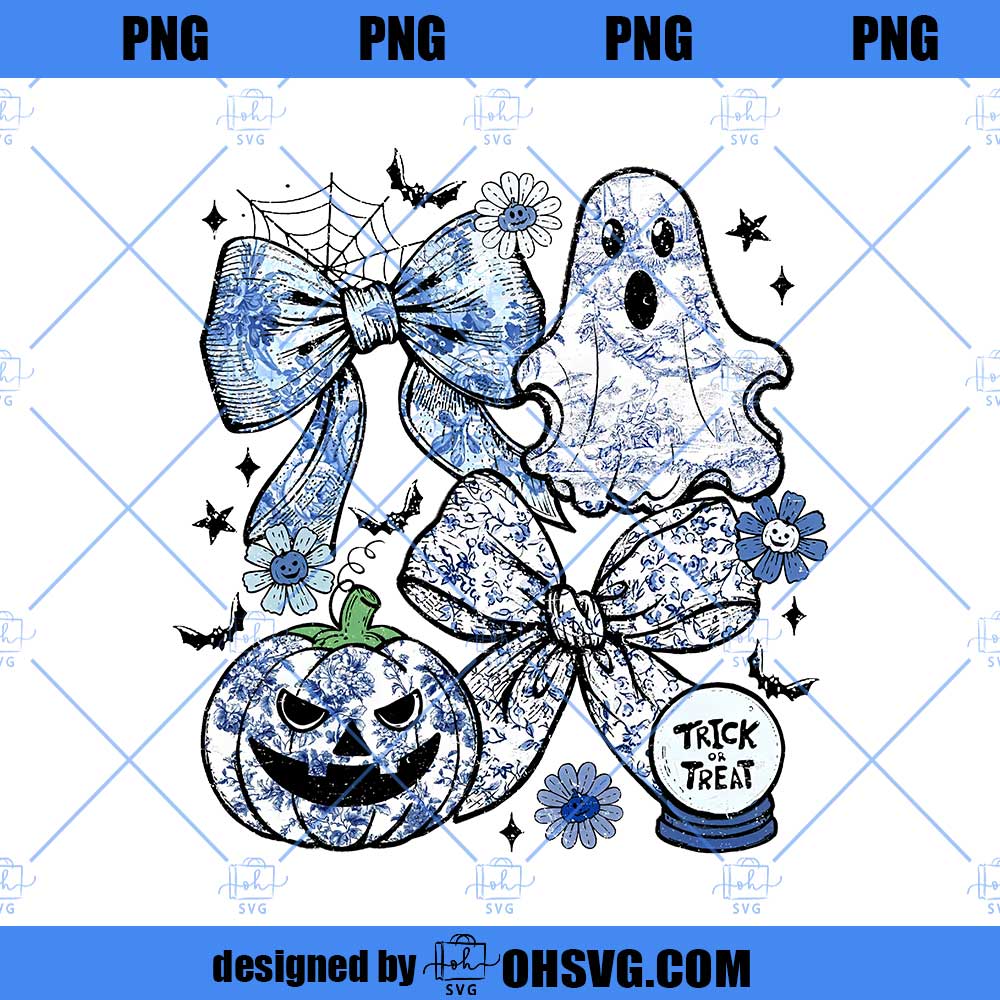BOO Halloween Toile De Jouy PNG, Girly Ghost with Bow PNG