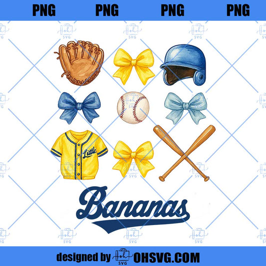 Bananas Bow Youth Png, Baseball Png, Coquette Baseball, Baseball Season