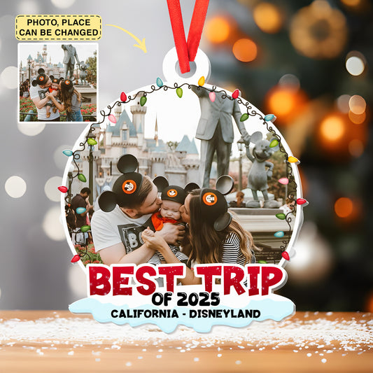 Best Trip Of 2025 - Personalized Acrylic Photo Ornament, Personalized Disney Trip Christmas Ornament, Custom Photo and Name Mickey and Friends Family Vacation