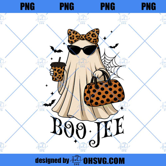 Boo Jee Leopard Print Ghost PNG, Halloween Coffee Ghost Shirt Design, Boujee Ghost PNG for Cricut, Cute Spooky Season Digital Download