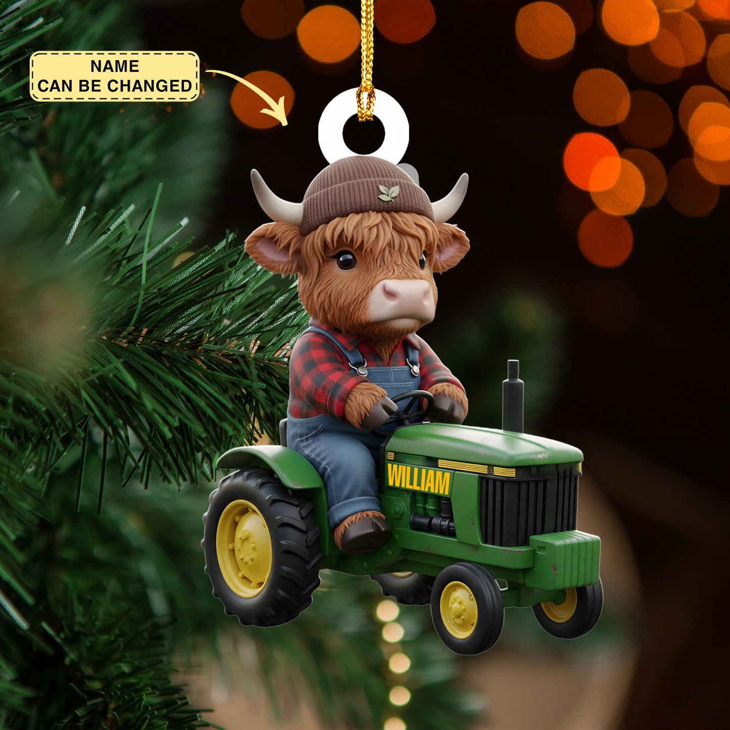 Personalized Highland Cow Ride Trucktor Ornament, Highland Cow Ornament, Funny Cattle Ornament, Highland Cow Lovers Gift