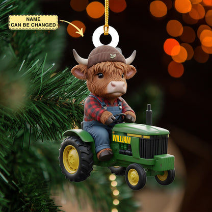 Personalized Highland Cow Ride Trucktor Ornament, Highland Cow Ornament, Funny Cattle Ornament, Highland Cow Lovers Gift