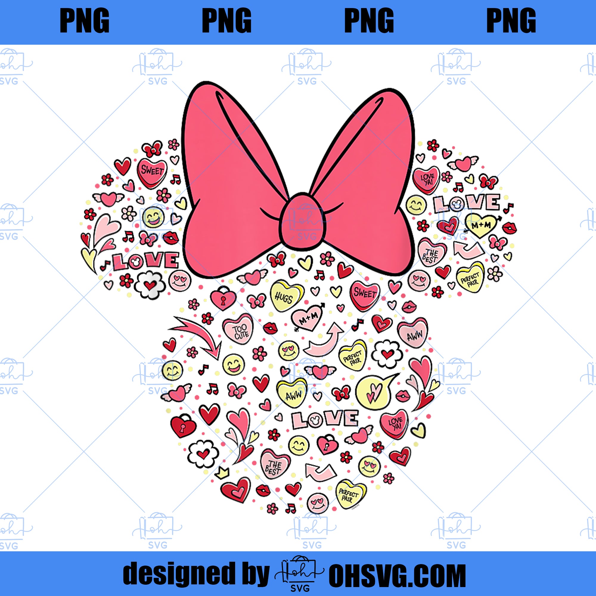 Disney Minnie Mouse Head Filled with Love Valentineu2019s Day PNG, Disney PNG, Mickey Friends PNG