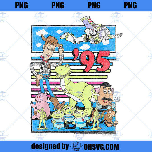 Disney Pixar Toy Story 95 Retro Distressed Colorful Group PNG, Disney PNG, Disney Pixar PNG