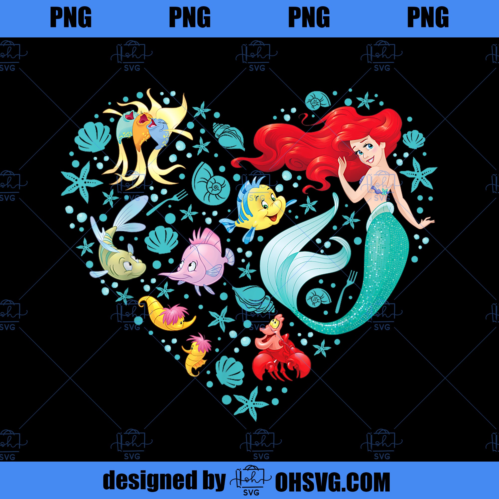 Disney Princess Ariel Flounder and Sebastian Collage Heart PNG, Disney PNG, Disney Pixar PNG