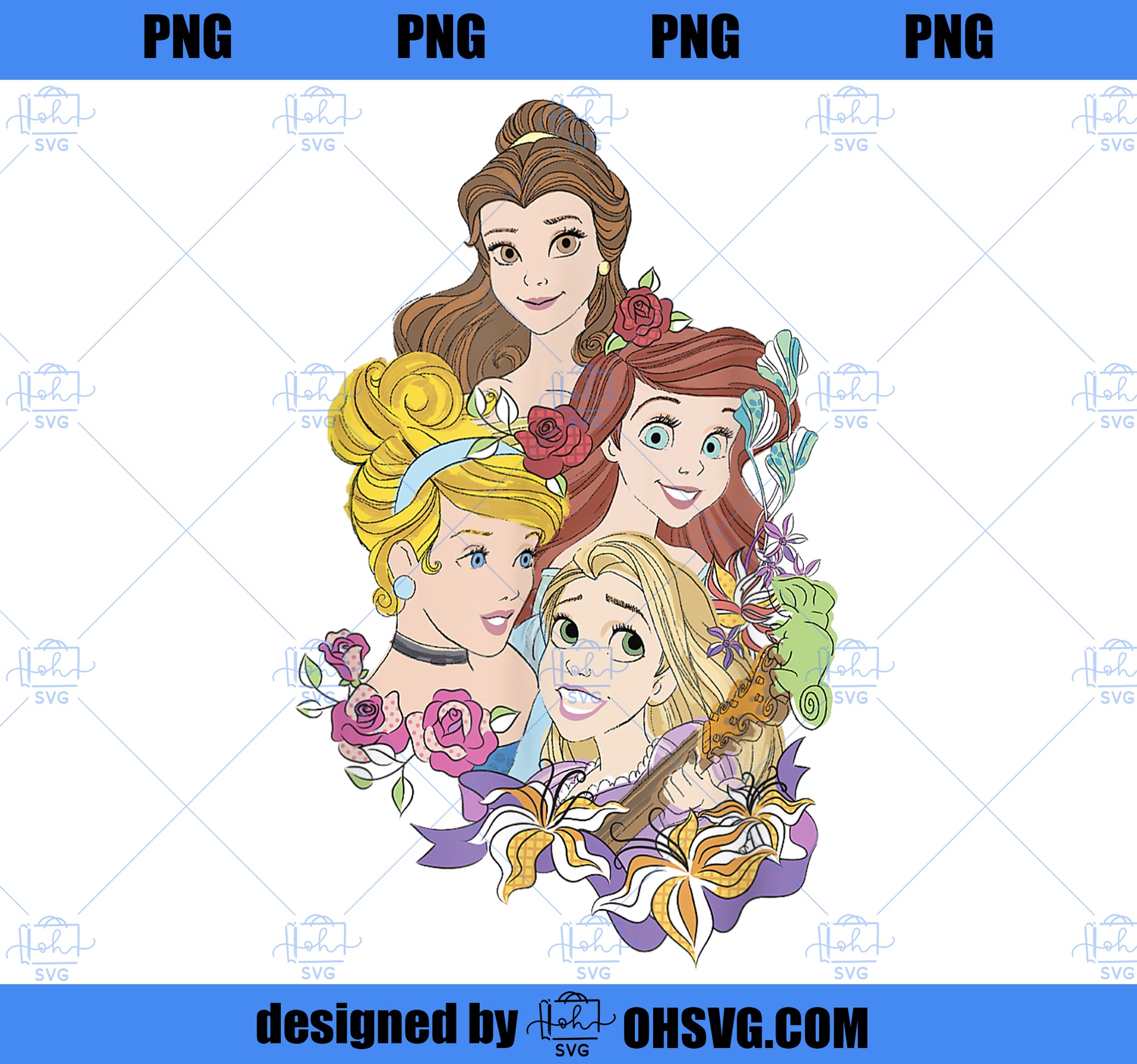 Disney Princess Floral Belle Cinderella Ariel Rapunzel PNG, Disney PNG, Princess PNG