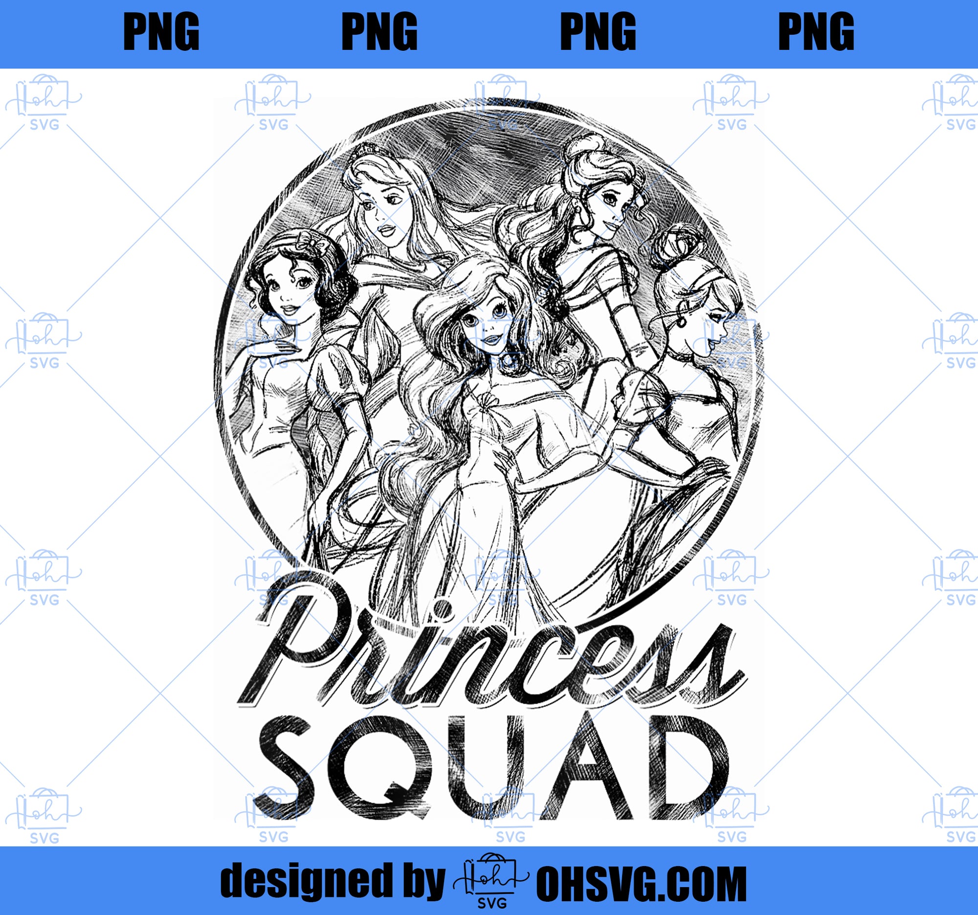 Disney Princess Group Sketch Portrait Princess Squad PNG, Disney PNG, Princess PNG
