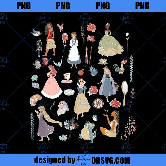 Disney Princess Vintage Collage Icons Group Shot Chest Logo PNG, Disney PNG, Disney Princess PNG