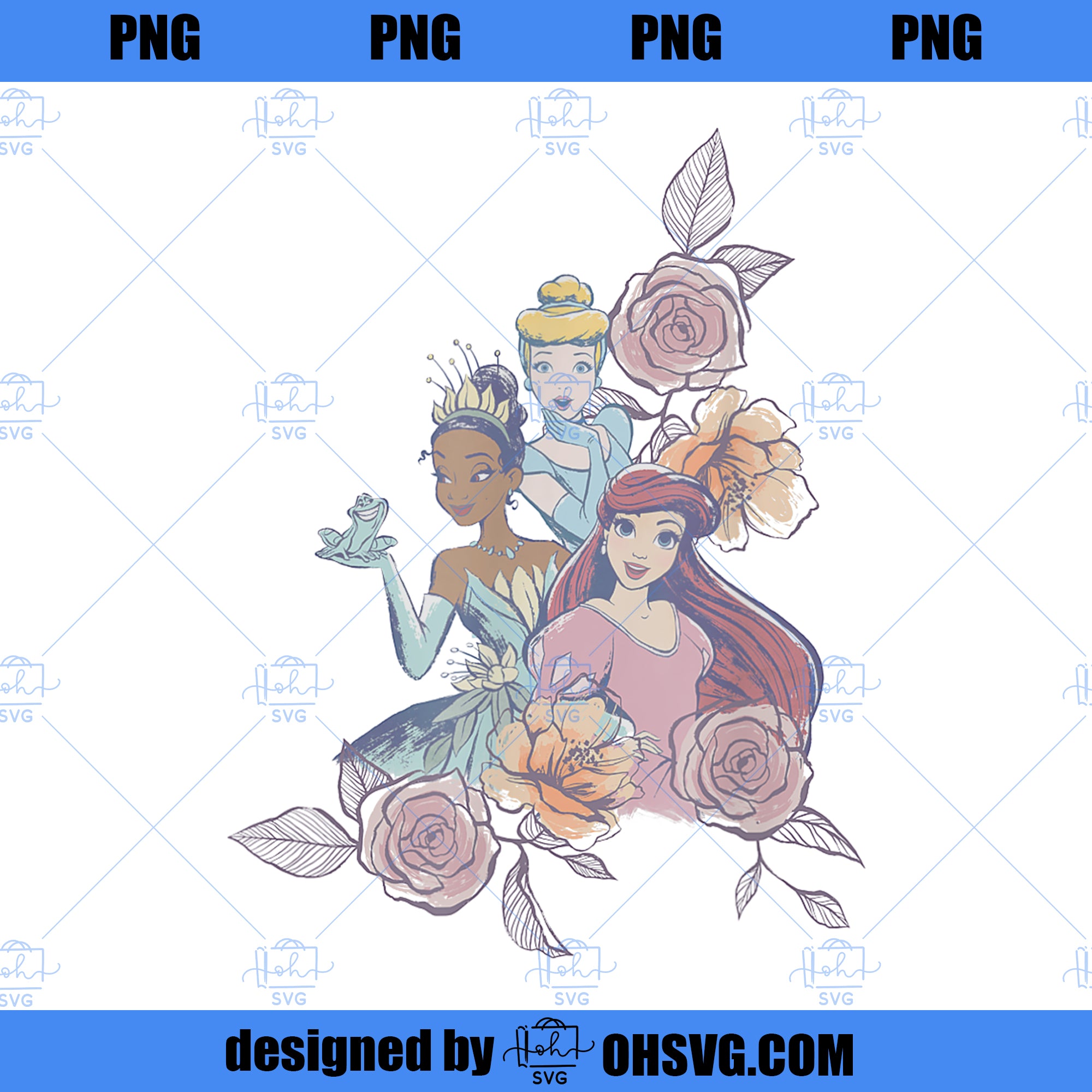 Disney Princess Vintage Sketch Roses Princesses Portrait PNG, Disney PNG, Disney Princess PNG