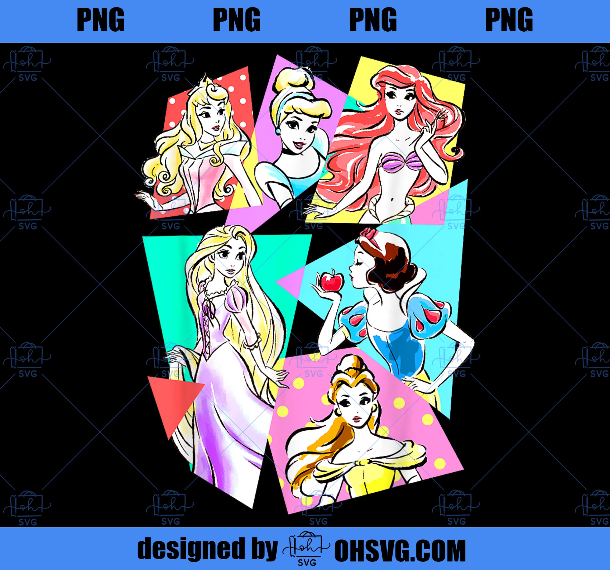 Disney Princesses Neon Pop Art Sketch Graphic T-Shirt PNG, Disney PNG, Princess PNG