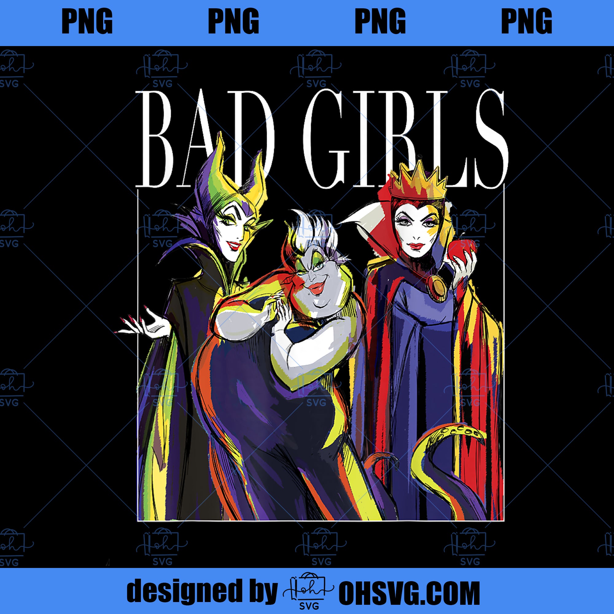 Disney Villains Bad Girls Group Shot Painted Graphic  PNG, Disney PNG, Disney Villains PNG