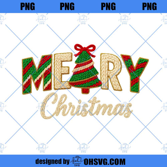 Faux Yarn Merry Christmas PNG, Yarn Christmas Tree Png, Chunky Knit Coquette Bow Christmas Tree PNG