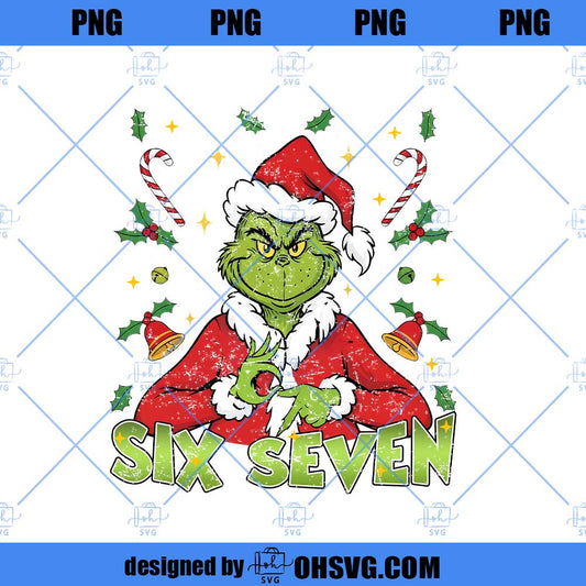 Funny Six Seven Meme Christmas Green Mean Guy Png, Viral Funny Saying 6 7 Png, Internet Joke Shirt Design, Trending Social Media Humor Png