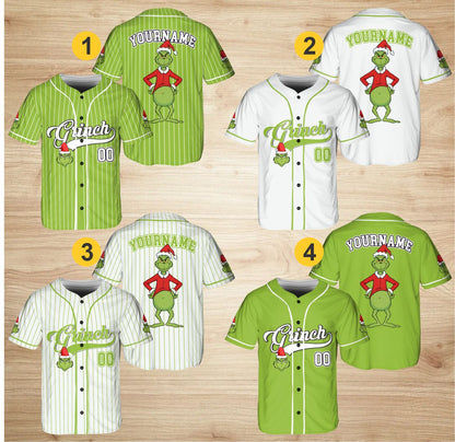 Personalized Grinch Christmas Baseball Jersey, Custom The Grinch Jersey, Holiday Team Outfit, Funny Xmas Gift for Fans